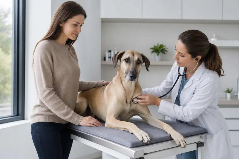 Eine Tierärztin untersucht einen ruhigen Sloughi auf dem Untersuchungstisch mit dem Stethoskop, während der Besitzer beruhigend danebensteht.