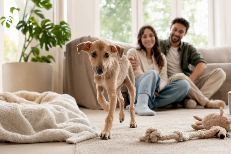 Ein junger Sloughi-Welpe entdeckt neugierig sein neues Zuhause in einer hellen Wohnung mit weicher Decke und Spielzeug.