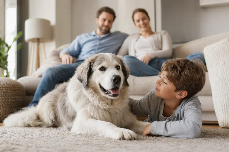 Ein freundlicher Slovensky Cuvac liegt entspannt neben einem Kind im hellen Wohnzimmer, während die Eltern im Hintergrund eine sichere Familienatmosphäre schaffen.