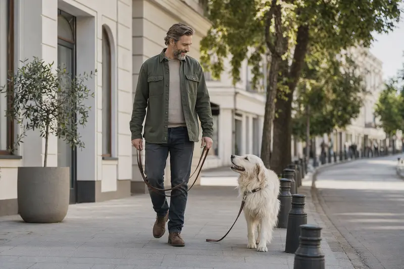 Ein Slovensky Cuvac läuft angeleint mit seinem Besitzer durch eine moderne Stadtstraße.