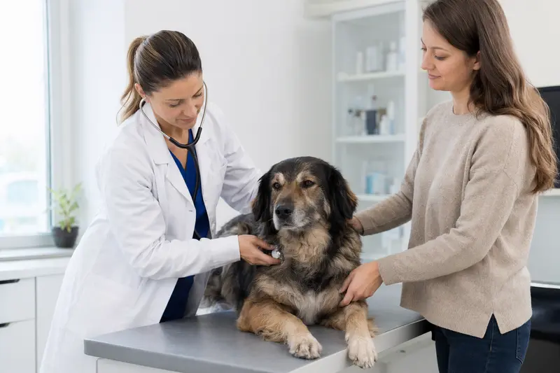 Eine Tierärztin untersucht einen ruhigen Slovensky Cuvac auf dem Untersuchungstisch in einer modernen Tierarztpraxis, während der Besitzer beruhigend danebensteht.