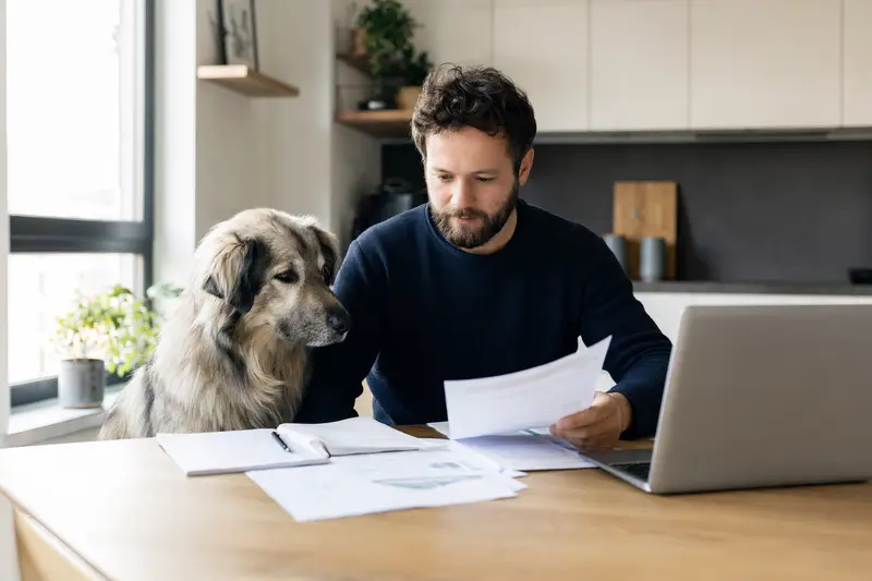 Ein Slovensky Cuvac sitzt ruhig neben seinem Besitzer am Küchentisch mit Versicherungsunterlagen und Laptop zur Hundekrankenversicherung.