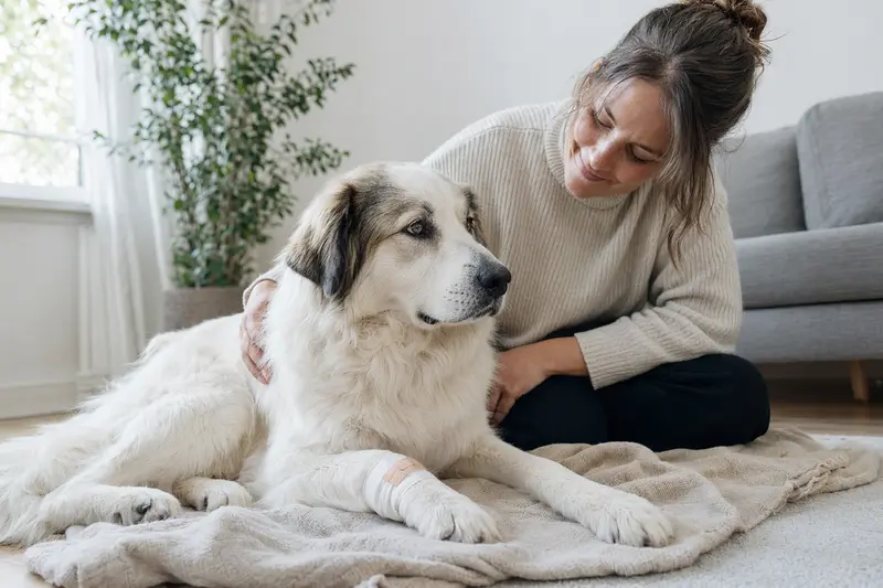 Ein Slovensky Cuvac Hund mit leichtem Verband an der Pfote liegt ruhig auf einer Decke neben seinem erleichterten Besitzer.