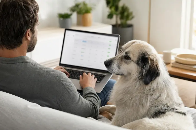 Ein Hundebesitzer sitzt entspannt mit einem Laptop auf dem Sofa, während ein Slovensky Cuvac neben ihm liegt und eine Versicherungsvergleichsseite betrachtet.