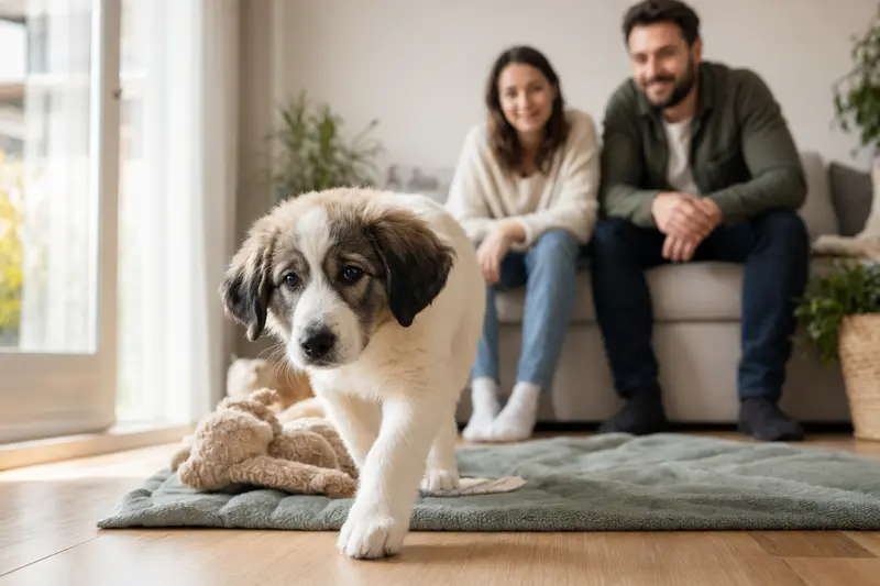 Ein junger Slovensky Cuvac Welpe entdeckt neugierig sein neues Zuhause in einer hellen Wohnung mit weicher Decke und Spielzeug.