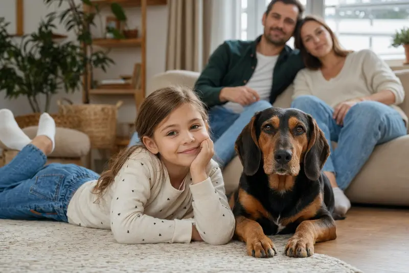 Eine Slowakische Bracke liegt entspannt neben einem Kind im hellen Wohnzimmer, während die Eltern im Hintergrund stehen.