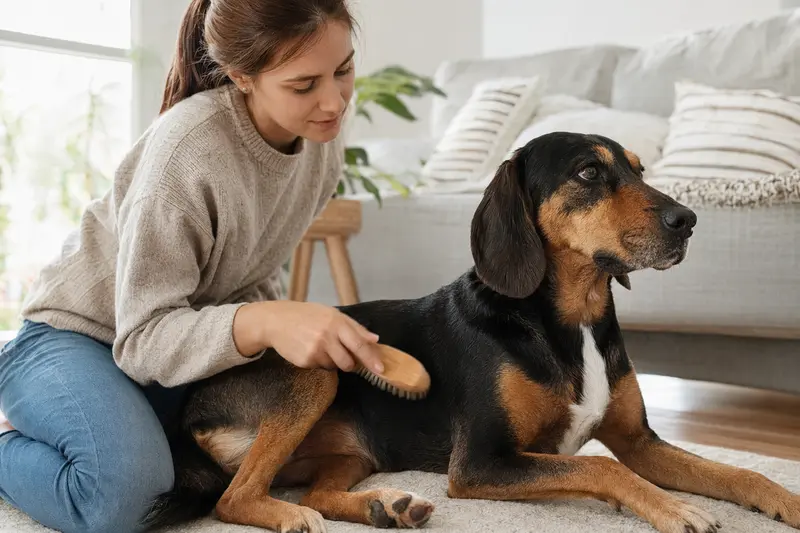 Ein Slowakische-Bracke-Hund wird in einer hellen Wohnung sanft gebürstet, während sein Besitzer liebevoll die Fellpflege übernimmt.