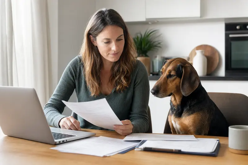 Slowakische Bracke sitzt ruhig neben ihrem Besitzer am Küchentisch mit Versicherungsunterlagen und Laptop zur Hundekrankenversicherung.