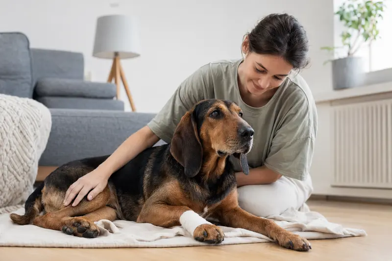 Ein Slowakische Bracke Hund mit leicht verbundenen Pfote liegt ruhig auf einer Decke neben seinem erleichterten Besitzer in einer hellen Wohnung.