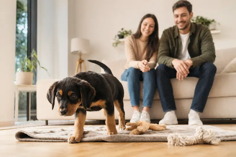 Ein junger Slowakische Bracke Welpe erkundet neugierig sein neues Zuhause mit weicher Decke und Spielzeug in einer hellen Wohnung.