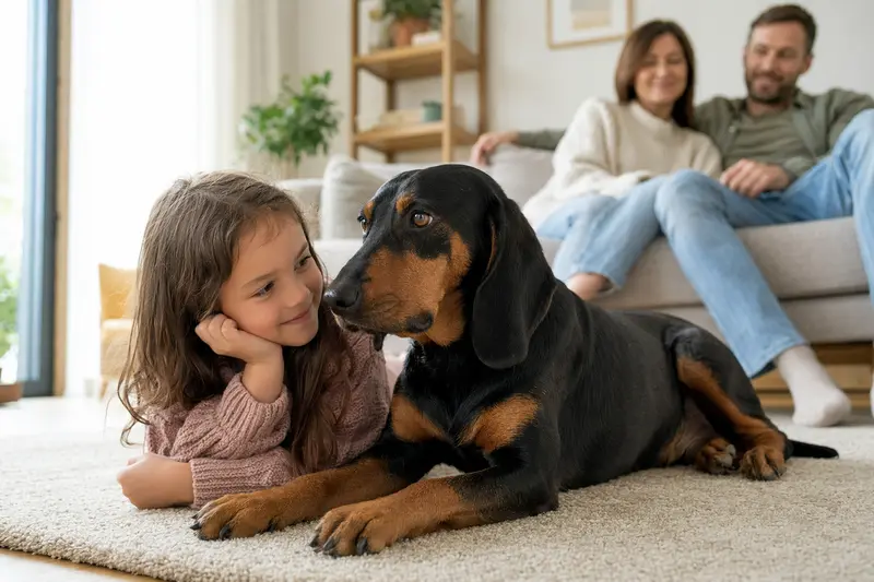 Eine freundliche Slowakische Schwarzwildbracke liegt entspannt neben einem Kind im Wohnzimmer, während die Eltern im Hintergrund eine sichere Familienatmosphäre schaffen.