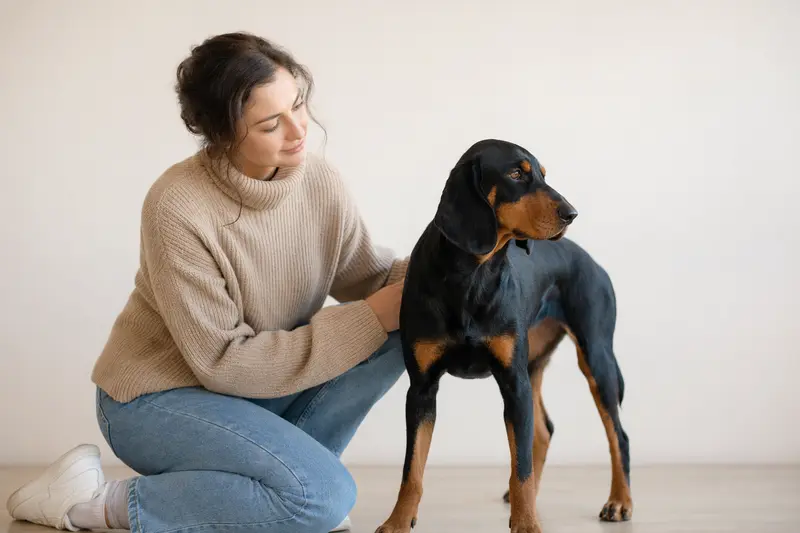Slowakische Schwarzwildbracke in aufmerksamem Stand vor hellem Hintergrund, als realistisches Hundeporträt für einen Ratgeber zur Hundegesundheit und Versicherung.