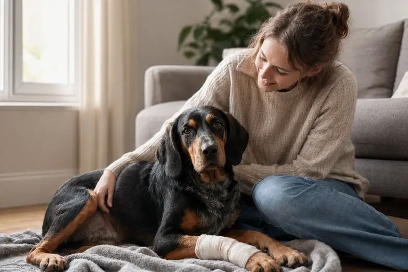 Ein Slowakische Schwarzwildbracke Hund mit leichtem Verband an der Pfote liegt ruhig auf einer Decke neben seinem erleichterten Besitzer.