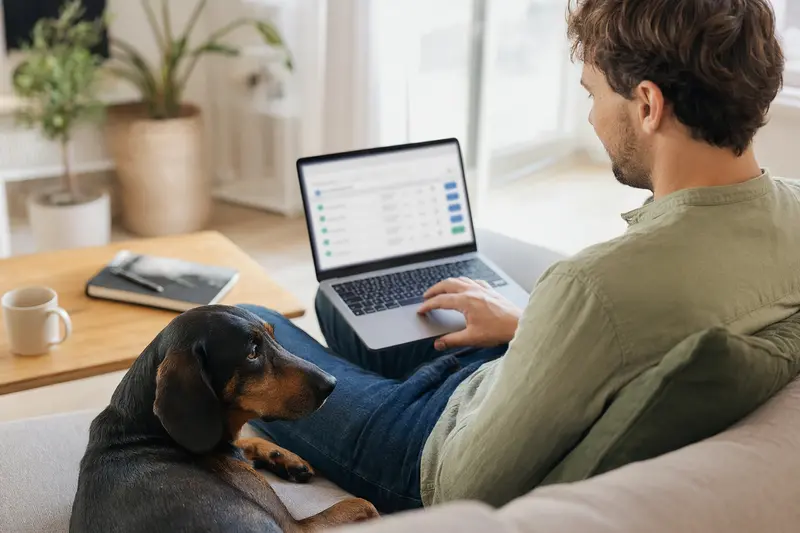 Ein Hundebesitzer arbeitet entspannt auf dem Sofa mit einem Slowakischen Schwarzwildbracke, während der Laptop eine Versicherungsvergleichsseite anzeigt.