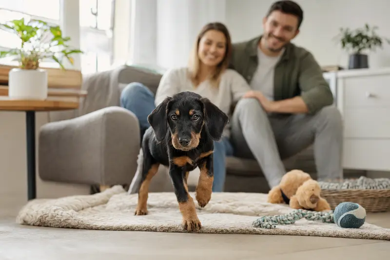 Junger Slowakische Schwarzwildbracke Welpe entdeckt neugierig sein neues Zuhause mit weicher Decke und Spielzeug in einer hellen Wohnung.