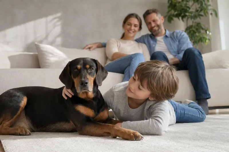 Ein entspannter Slowakischer Kopov liegt neben einem Kind im hellen Wohnzimmer, während die Eltern im Hintergrund eine sichere Familienatmosphäre schaffen.