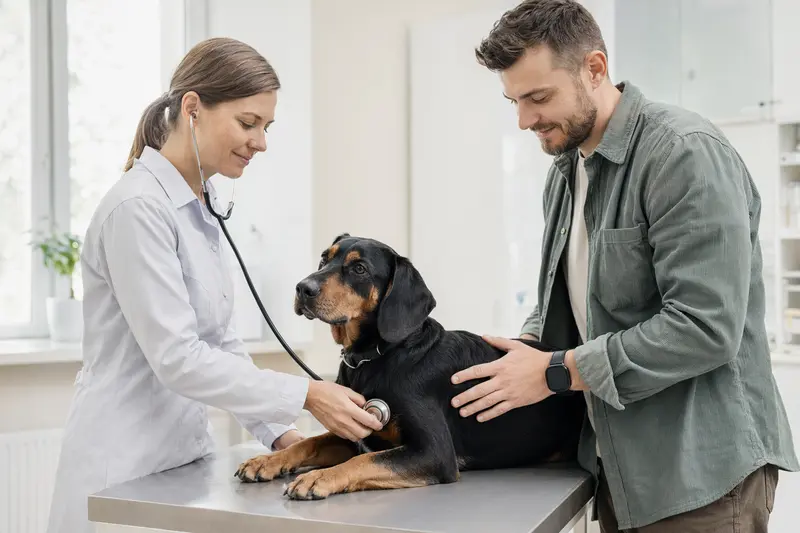 Ein ruhiger Slowakischer Kopov Hund wird von einer freundlichen Tierärztin mit einem Stethoskop in einer modernen Tierarztpraxis untersucht.