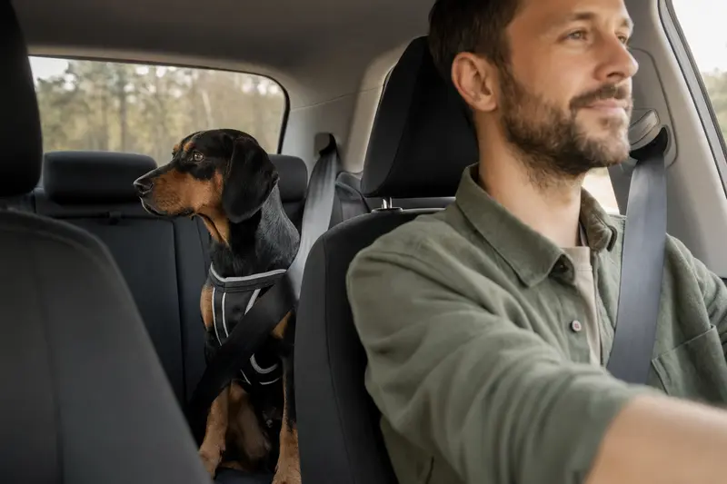Ein Slowakischer Kopov Hund, sicher angeschnallt auf der Rückbank eines Autos, während sein Besitzer entspannt fährt.