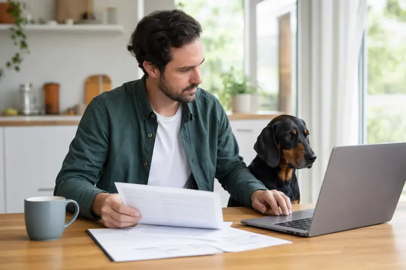 Ein Slowakischer Kopov Hund sitzt gemütlich am Küchentisch neben seinem Besitzer mit Versicherungsunterlagen und einem Laptop.