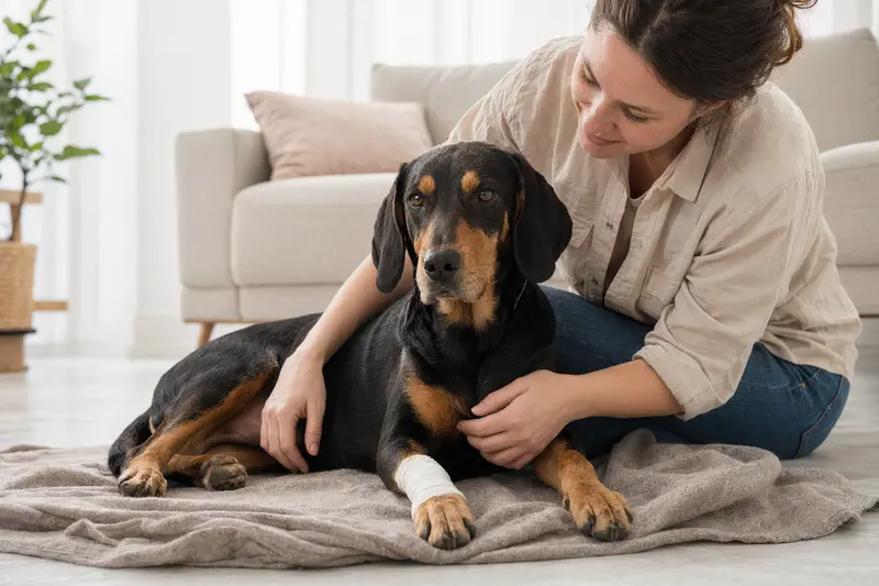 Ein Slowakischer Kopov Hund mit leichtem Verband an der Pfote liegt entspannt auf einer Decke neben seinem erleichterten Besitzer in einer hellen Wohnung.