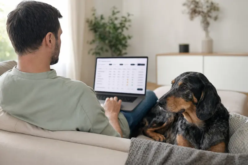 Ein Hundehalter arbeitet am Laptop auf dem Sofa, während ein Slowakischer Kopov neben ihm sitzt und eine Versicherungsvergleichs-Oberfläche auf dem Bildschirm angezeigt wird.