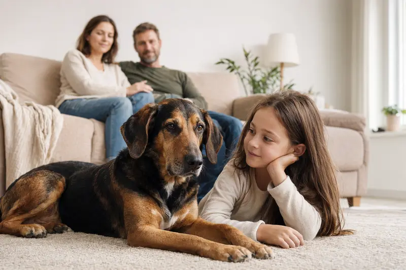 Ein freundlicher Slowakischer Laufhund liegt entspannt neben einem Kind im hellen Wohnzimmer, während die Eltern im Hintergrund eine sichere Familienatmosphäre schaffen.