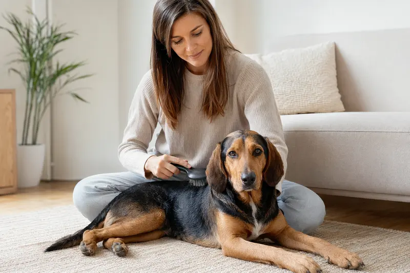 Ein Slowakischer Laufhund wird in einer hellen Wohnung sanft gebürstet, während sein Besitzer liebevoll die Fellpflege übernimmt.