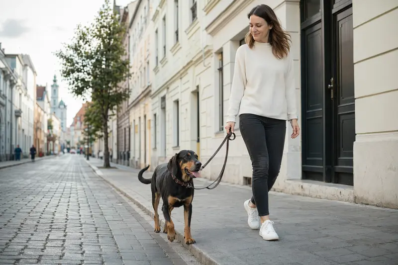 Ein Slowakischer Laufhund läuft an der Leine mit seinem Besitzer durch eine moderne Stadtstraße.