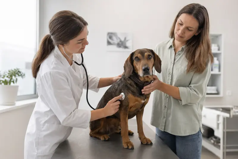 Eine Tierärztin untersucht einen Slowakischen Laufhund auf dem Untersuchungstisch in einer modernen Tierarztpraxis, während der Besitzer beruhigend danebensteht.