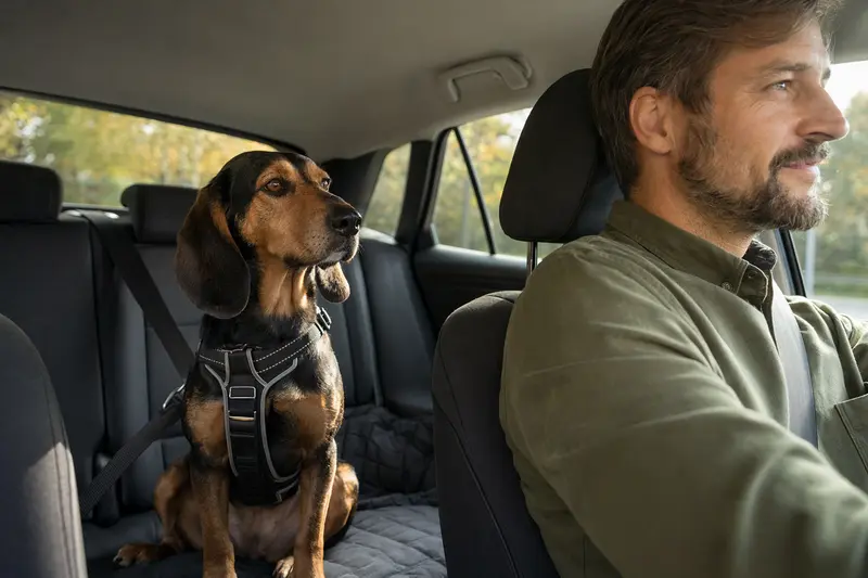 Ein sicher angeschnallter Slowakischer Laufhund sitzt auf der Rückbank eines Autos, während der Besitzer ruhig fährt.