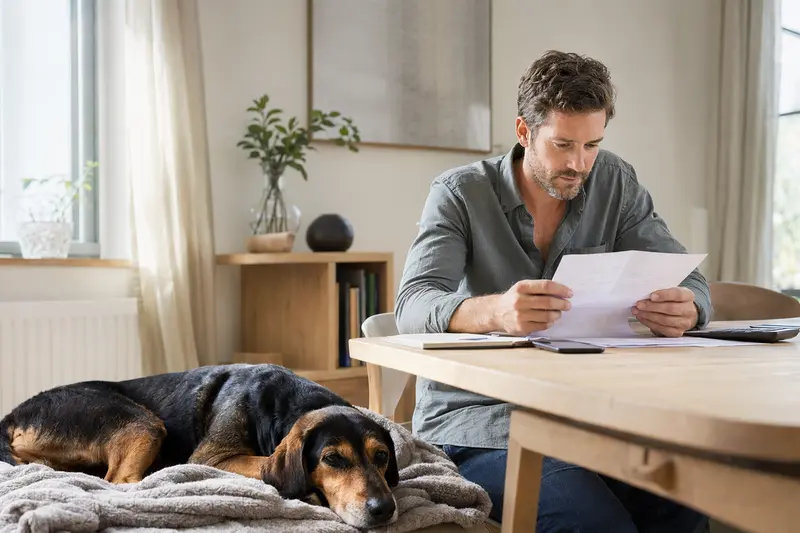 Ein Hundehalter sitzt mit einer Tierarztrechnung am Tisch, während ein entspannter Slowakischer Laufhund ruhig auf einer Decke liegt.