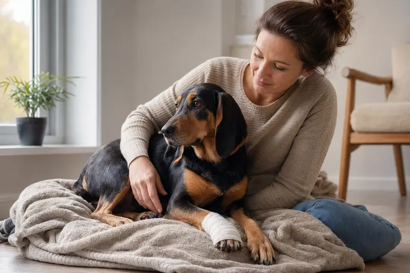 Slowakischer Laufhund mit leicht verbundenen Pfote liegt ruhig auf einer Decke, während sein Besitzer neben ihm erleichtert sitzt.