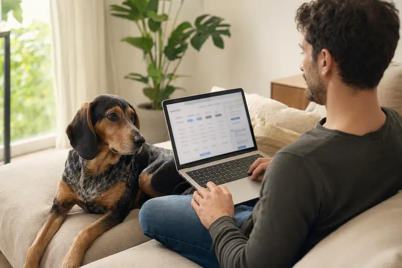 Ein Hundebesitzer sitzt mit einem Laptop auf dem Sofa, während ein Slowakischer Laufhund entspannt neben ihm liegt und auf eine unklare Versicherungsvergleichsseite blickt.