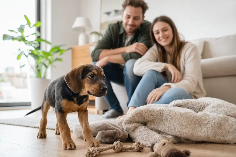 Neugieriger Slowakischer Laufhund Welpe erkundet sein neues Zuhause mit weicher Decke und Spielzeug in einer hellen, freundlichen Wohnung.