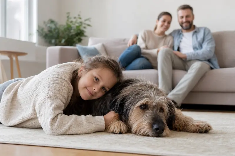 Ein Slowakischer Rauhbart liegt entspannt neben einem Kind im hellen Wohnzimmer, während die Eltern im Hintergrund stehen und eine sichere Familienatmosphäre entsteht.