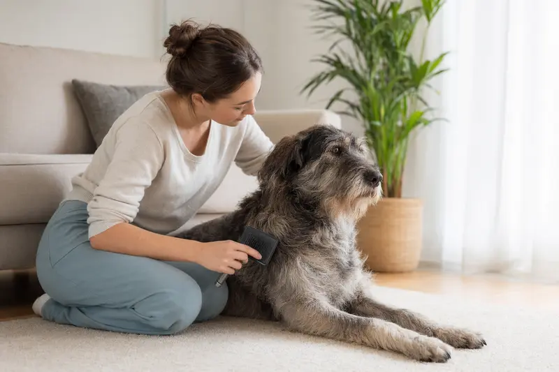 Ein Slowakischer Rauhbart wird in einer hellen Wohnung liebevoll von seinem Besitzer gebürstet, was die regelmäßige Fellpflege bei Hunden zeigt.