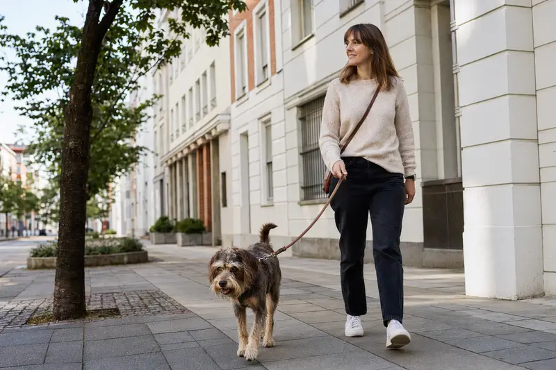 Ein Slowakischer Rauhbart läuft an der Leine mit seinem Besitzer durch eine moderne Stadtstraße.