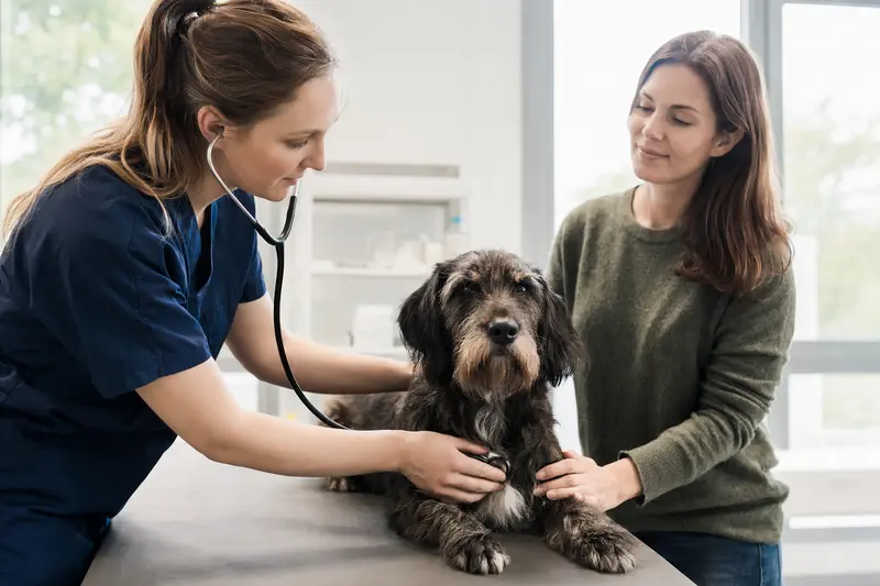 Eine Tierärztin untersucht einen Slowakischen Rauhbart-Hund in einer modernen Tierarztpraxis behutsam mit dem Stethoskop, während der Besitzer beruhigend danebensteht.