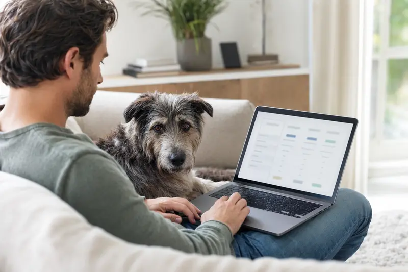 Ein Hundebesitzer arbeitet am Laptop auf dem Sofa, während ein Slowakischer Rauhbart Hund neben ihm sitzt, was für eine ruhige Entscheidung für eine Tierversicherung steht.