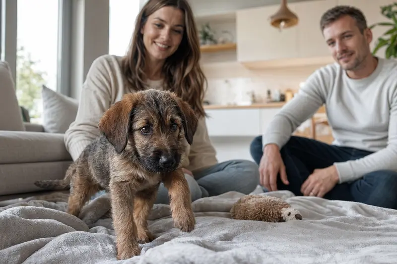 Ein junger Slowakischer Rauhbart-Welpe erkundet neugierig sein neues Zuhause mit weicher Decke und Spielzeug, während seine Familie im Hintergrund zusieht.