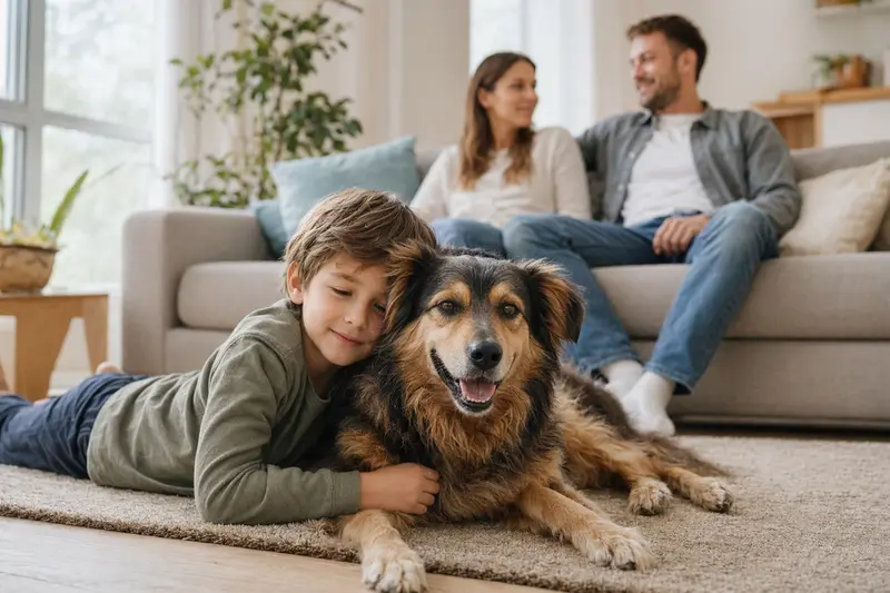 Ein freundlicher Slowakischer Tchuwatsch liegt entspannt neben einem Kind im hellen Wohnzimmer und vermittelt eine sichere Familienatmosphäre mit Hund.
