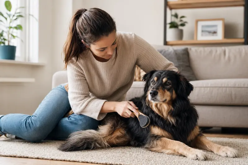 Ein Slowakischer Tchuwatsch Hund wird zuhause liebevoll gebürstet, während sein Besitzer die Fellpflege in einer hellen Wohnung ruhig und sorgfältig übernimmt.