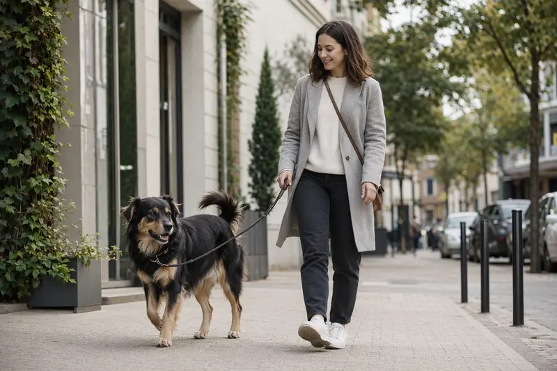 Ein Slowakischer Tchuwatsch läuft an der Leine mit seinem Besitzer durch eine moderne Stadtstraße.