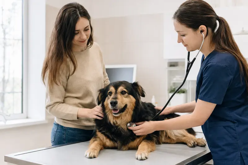 Eine Tierärztin untersucht einen ruhigen Slowakischen Tchuwatsch behutsam mit dem Stethoskop, während der Besitzer in der modernen Tierarztpraxis beruhigend danebensteht.