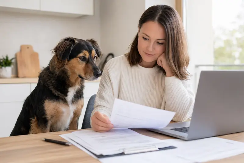 Ein Slowakischer Tchuwatsch sitzt ruhig neben seinem Besitzer am Küchentisch mit Versicherungsunterlagen und Laptop, passend zum Thema Hundekrankenversicherung.