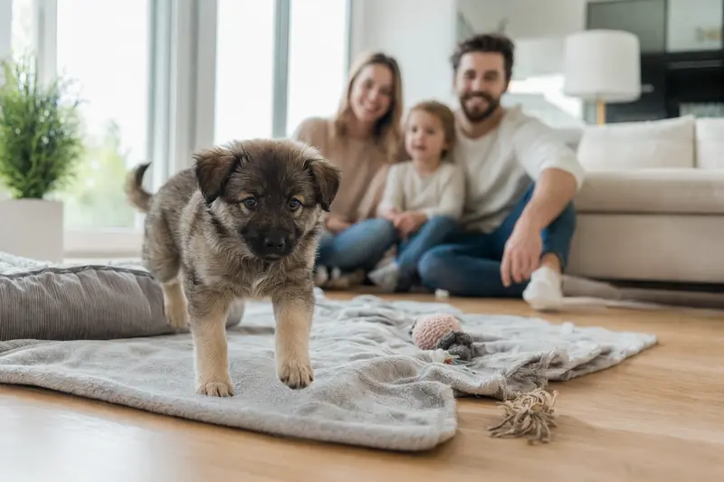 Ein junger Slowakischer Tchuwatsch Welpe erkundet neugierig sein neues Zuhause mit weicher Decke und Spielzeug in einer hellen Wohnung.