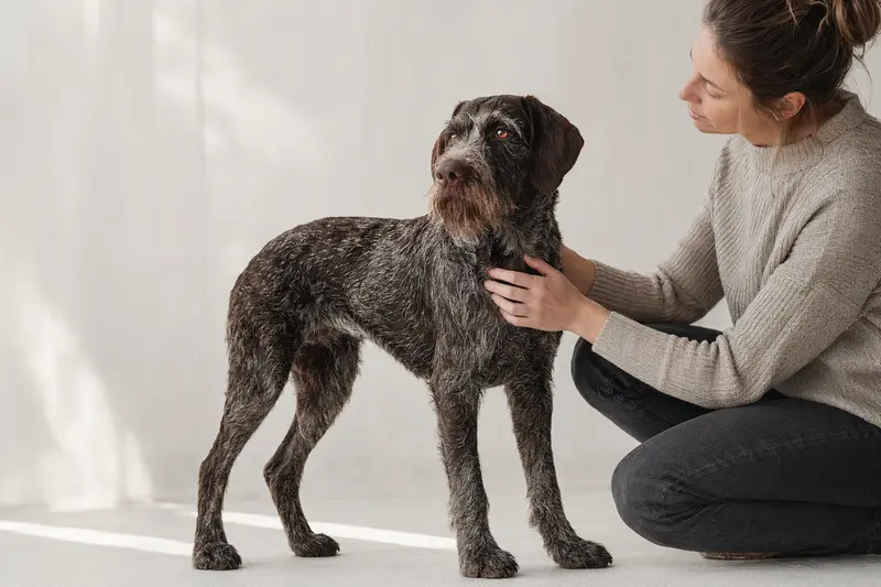 Ein Slowakischer Vorstehhund (Drahthaar) steht aufmerksam vor hellem Hintergrund und zeigt die typische Körperform und Fellstruktur der Rasse.