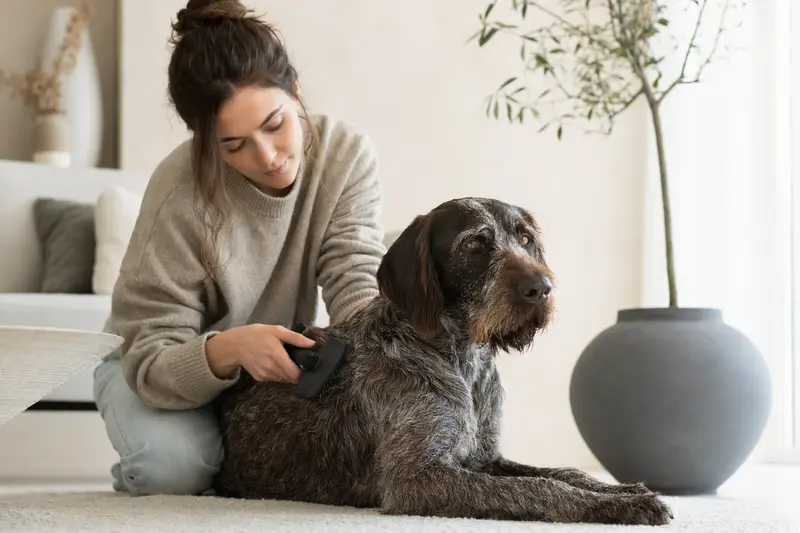 Ein Slowakischer Vorstehhund mit drahtigem Fell wird in einer hellen Wohnung sanft gebürstet, während sein Besitzer die Fellpflege liebevoll übernimmt.