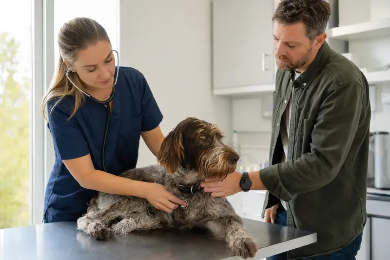 Eine Tierärztin untersucht einen ruhigen Slowakischen Vorstehhund drahthaar mit dem Stethoskop in einer hellen Tierarztpraxis, während der Besitzer beruhigend danebensteht.