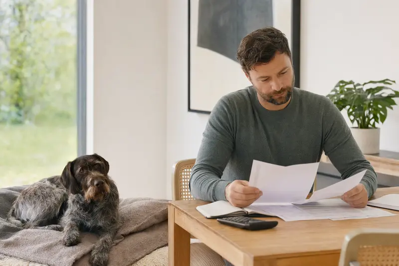 Ein Hundehalter sitzt mit einer Tierarztrechnung am Tisch, während sein Slowakischer Vorstehhund entspannt auf einer Decke in der hellen Wohnung liegt.